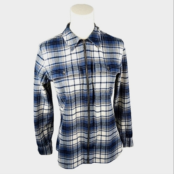 Chaps Zip-Front Plaid Shirt S Blue White Plaid Long Sleeves Buttoned Pockets - Picture 1 of 3
